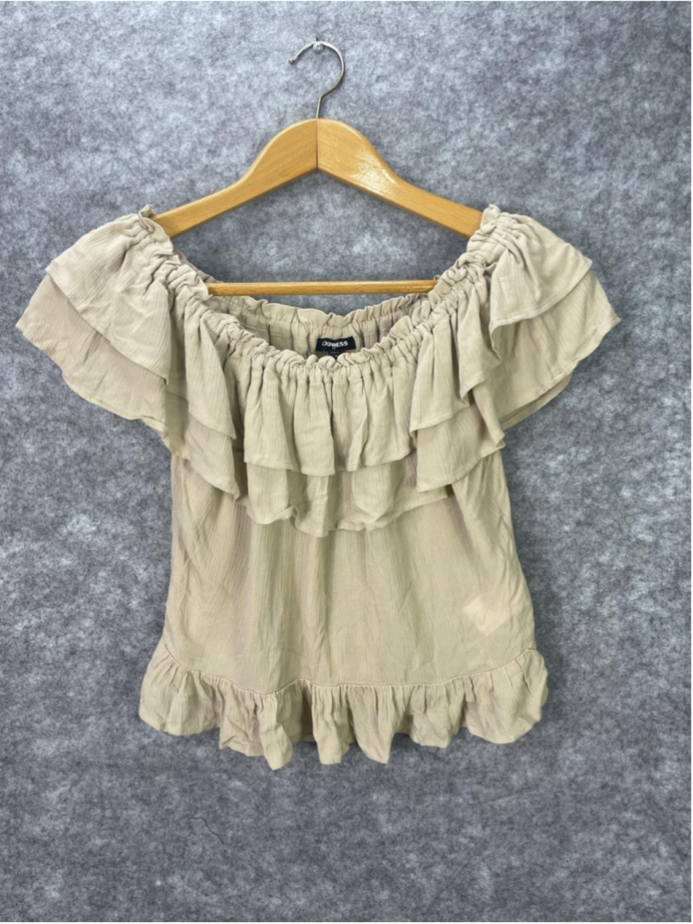 Express Blouse Womens Medium Beige Off Shoulder Ruffle Elastic Waist Boho Top